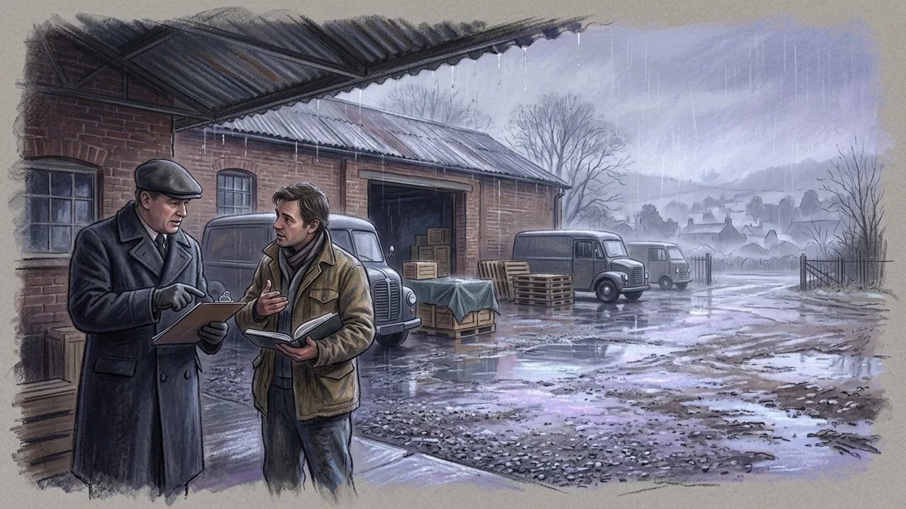 A man in a flat cap and long dark coat gestures to a clipboard while talking to another man holding a book outside a brick warehouse in the rain.