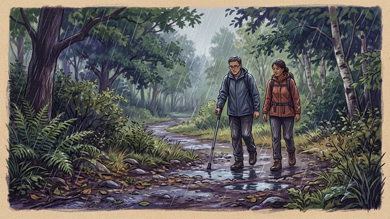 An illustration of a man using a cane and a woman hiking together on a muddy forest path during a rainstorm.