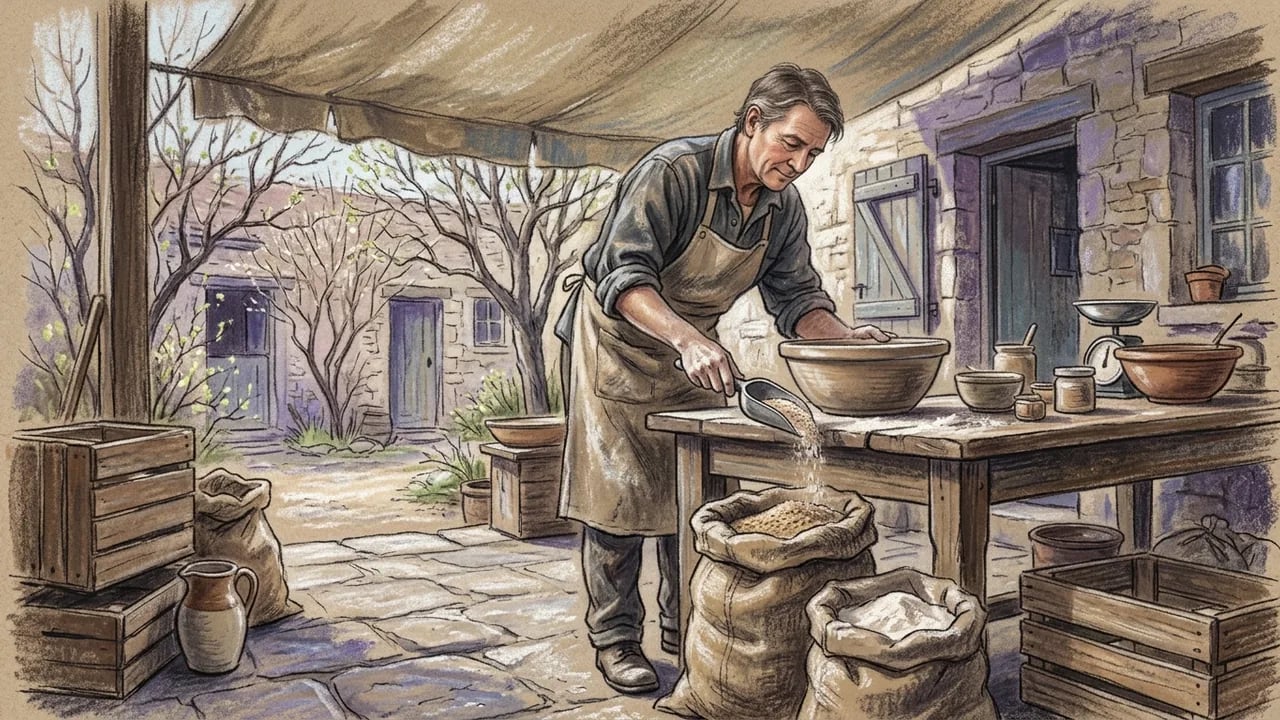 A man in an apron scoops grain from a burlap sack into a wooden bowl on a table in an outdoor stone courtyard.