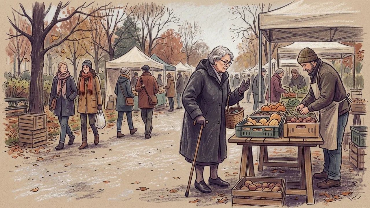 An illustration of an outdoor autumn farmers market where an elderly woman with a cane speaks to a vendor behind a wooden table filled with produce, while other people walk through the stalls in the background.