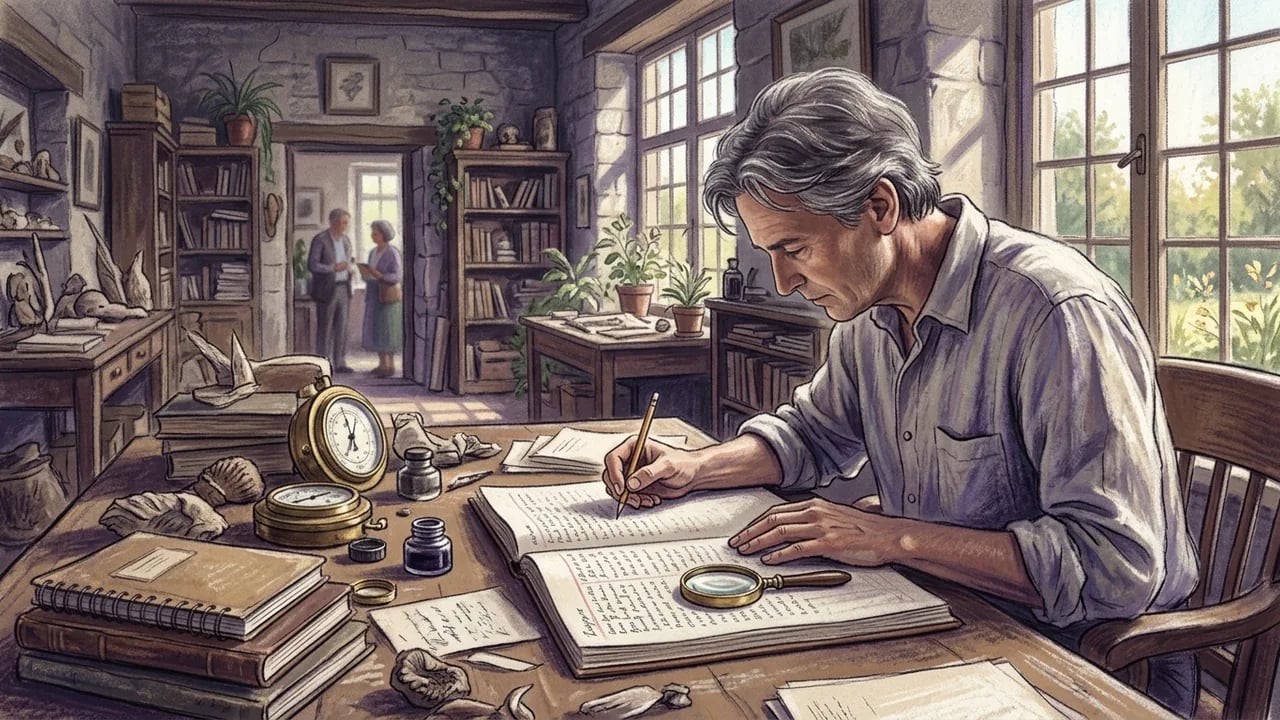 A man with graying hair sits at a wooden desk in a study, writing in a large book with a pencil and using a magnifying glass, surrounded by books, scientific instruments, and artifacts, while two people converse in the background doorway.