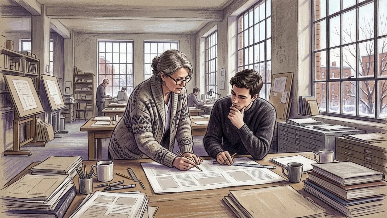 An older woman and a younger man collaborating over architectural blueprints on a desk in a sunlit office filled with shelves and large windows.