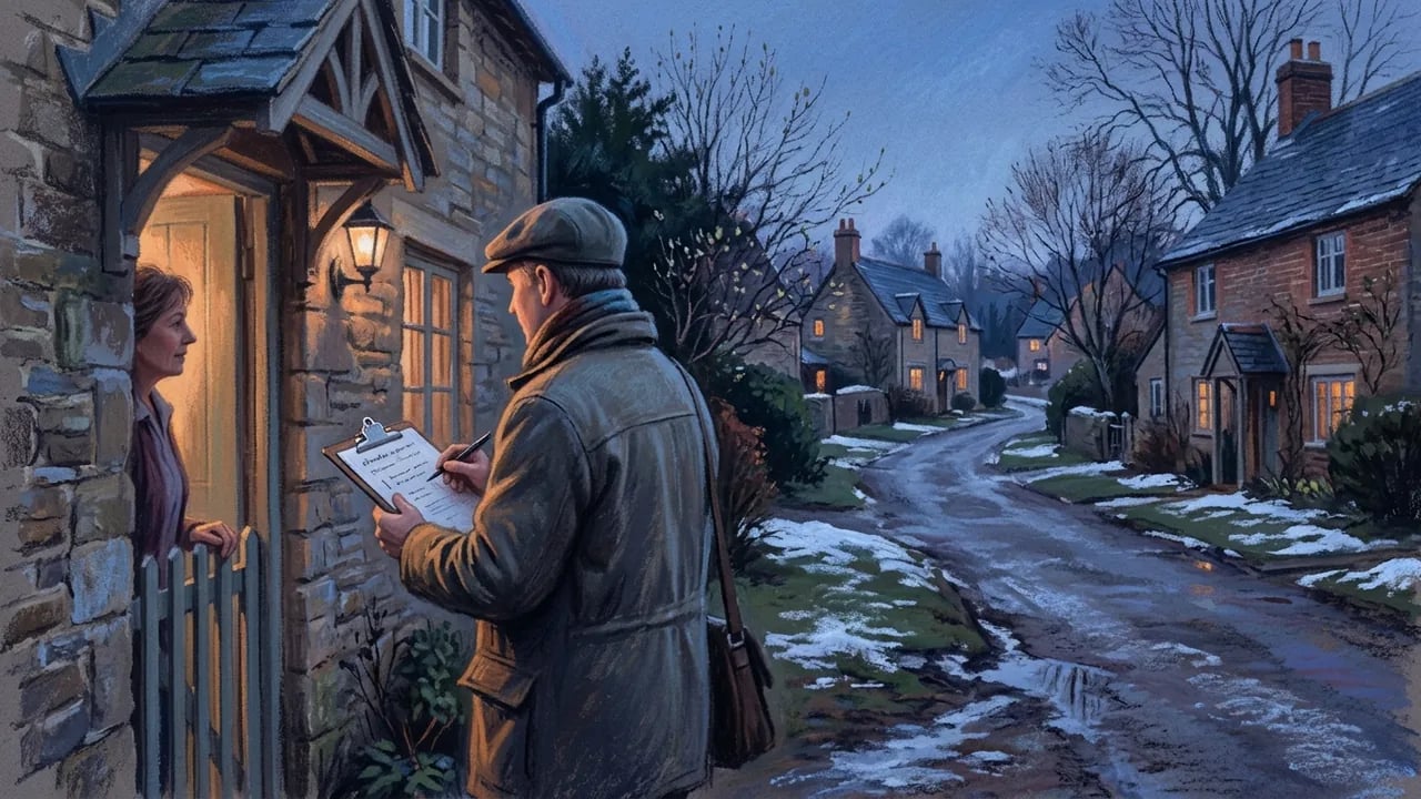 A man in a coat and cap stands at a doorway at twilight writing on a clipboard, while a woman looks on from inside a stone house along a snow-dusted village lane.