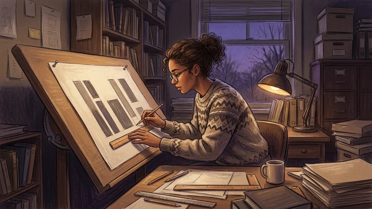 A woman with curly hair and glasses sits at a desk drawing a bar graph on a tilted drafting table, illuminated by a warm desk lamp in a dimly lit office with bookshelves and stacks of paper.