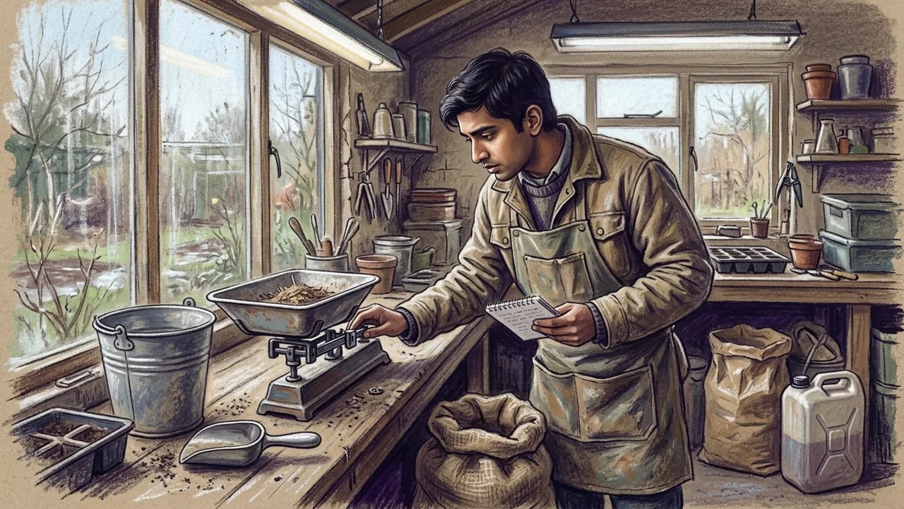 A man in an apron working in a greenhouse, weighing soil or plant material on a manual kitchen scale while taking notes in a notebook.