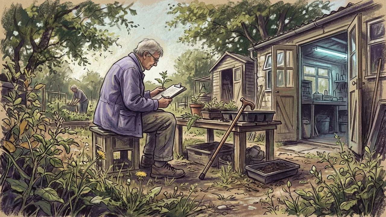 An elderly person with glasses sits on a crate in a garden, holding a small plant and a clipboard, with a potting shed in the background.