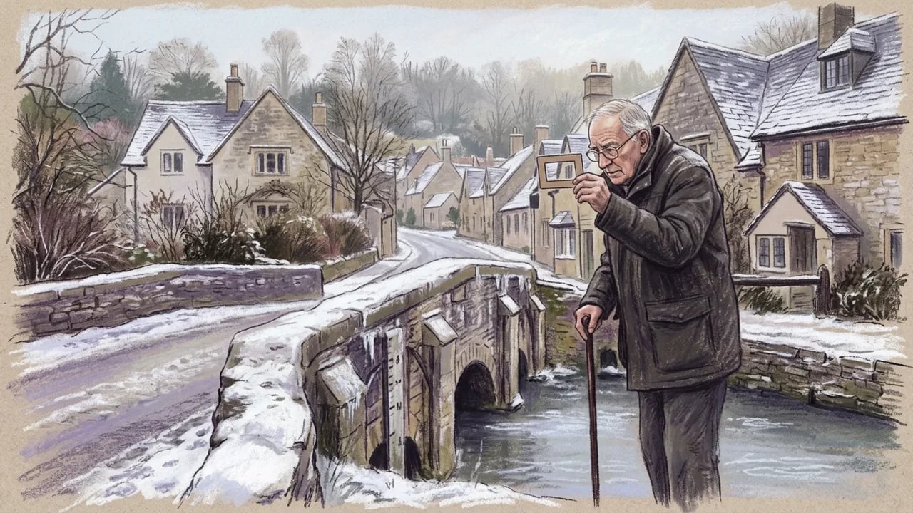 An elderly man in a winter coat stands by a stone bridge in a snow-covered village, holding up a small rectangular frame to view the landscape through it while holding a walking stick.