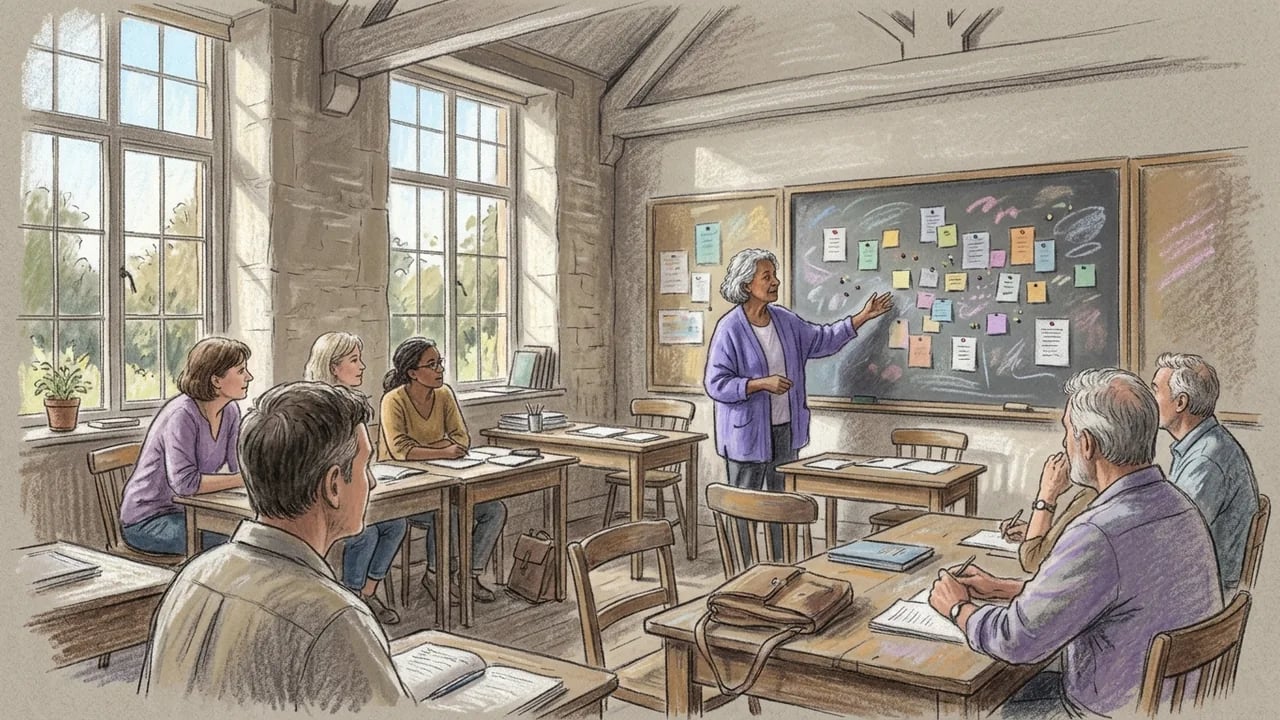 A woman stands at the front of a classroom, pointing to sticky notes on a chalkboard, while a diverse group of adults sits at wooden desks taking notes.