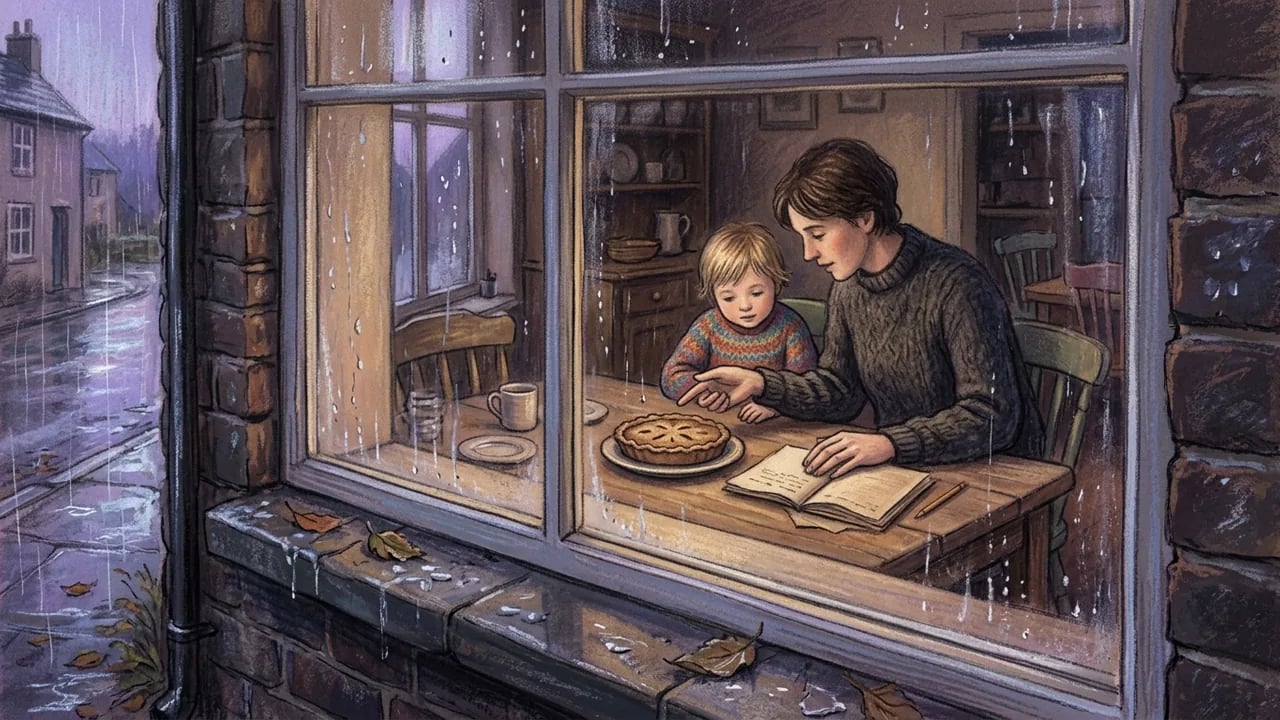 A woman and a child sit at a table inside a cozy room with a view of a rainy street outside, as the woman points toward a pie on the table next to an open book.