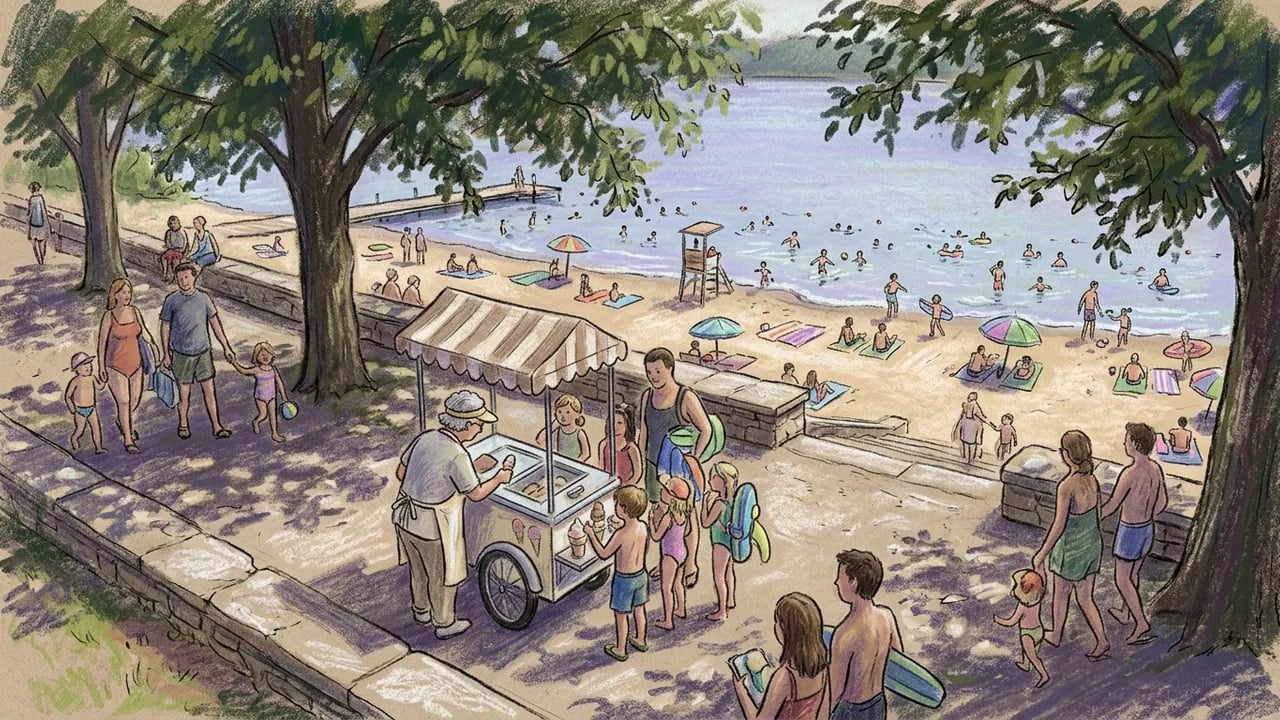 A colored pencil style illustration of a busy summer beach scene with an ice cream cart in the foreground, people swimming in the lake, and others walking along a stone wall nearby.