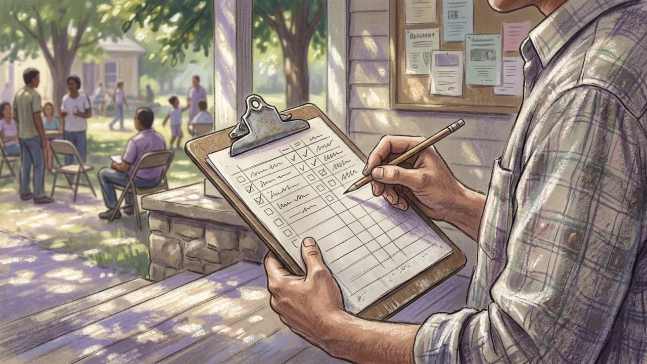 A close-up illustration of a person holding a clipboard and writing with a pencil, while in the background, a small group of people are gathered on a lawn near a building.