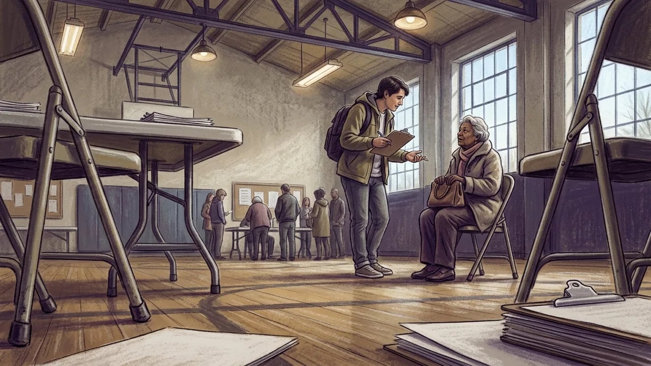 A young man with a backpack holding a clipboard speaks to an older woman seated in a chair within a large, sunlit room, while several other people gather in the background around tables and boards, likely at a community voting or registration center.