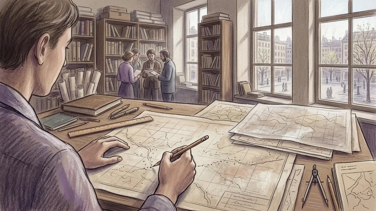 A pencil and ink illustration showing a person in the foreground working at a desk with maps, compasses, and pencils, while in the background three people stand in an office filled with bookshelves and large windows looking out onto a city square.