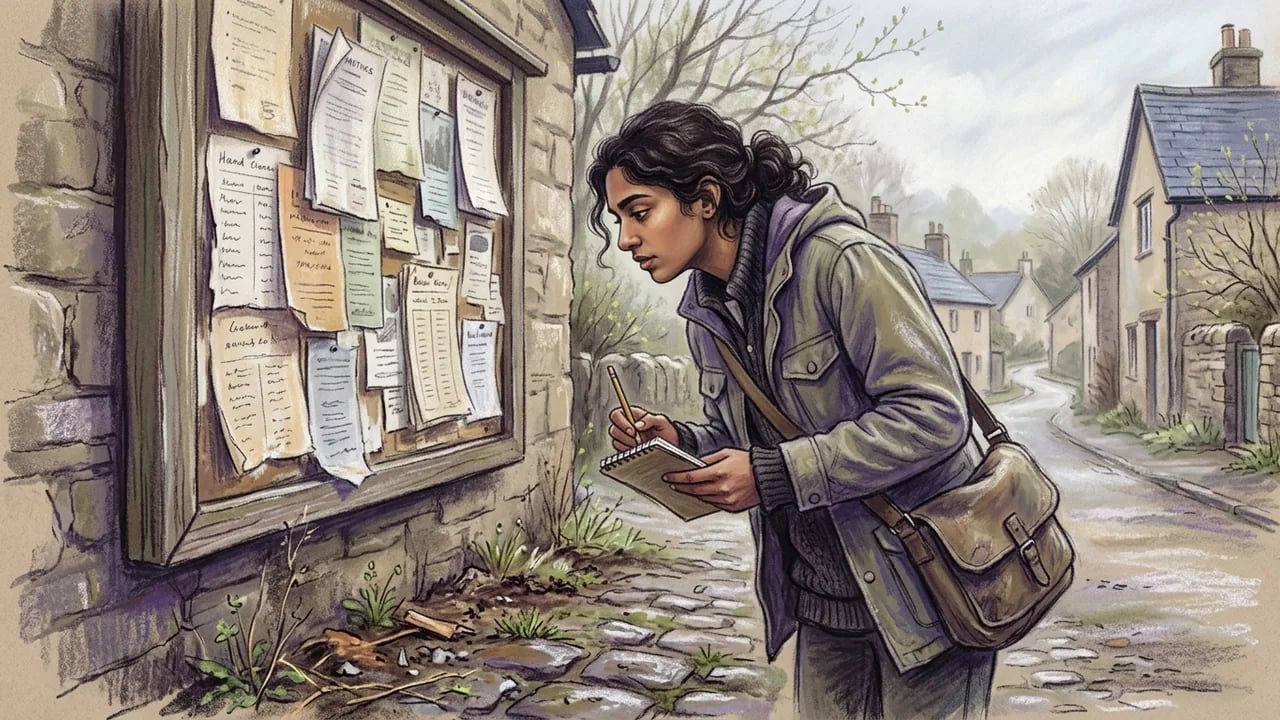 A woman with wavy hair in a jacket and shoulder bag stands on a cobblestone village lane, taking notes in a small book while inspecting a wooden bulletin board covered in papers pinned to a stone wall.