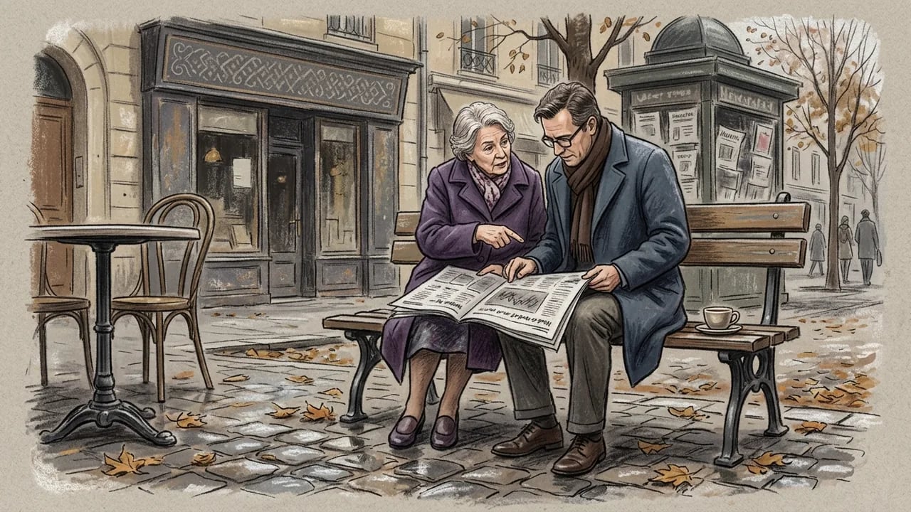 An older woman and a man wearing coats sit on a park bench in an autumnal city setting, reading a newspaper together.