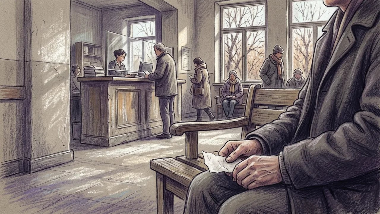 A charcoal-style illustration showing an interior view of a waiting room, possibly a bank or government office, with people sitting on benches and standing at a service counter.