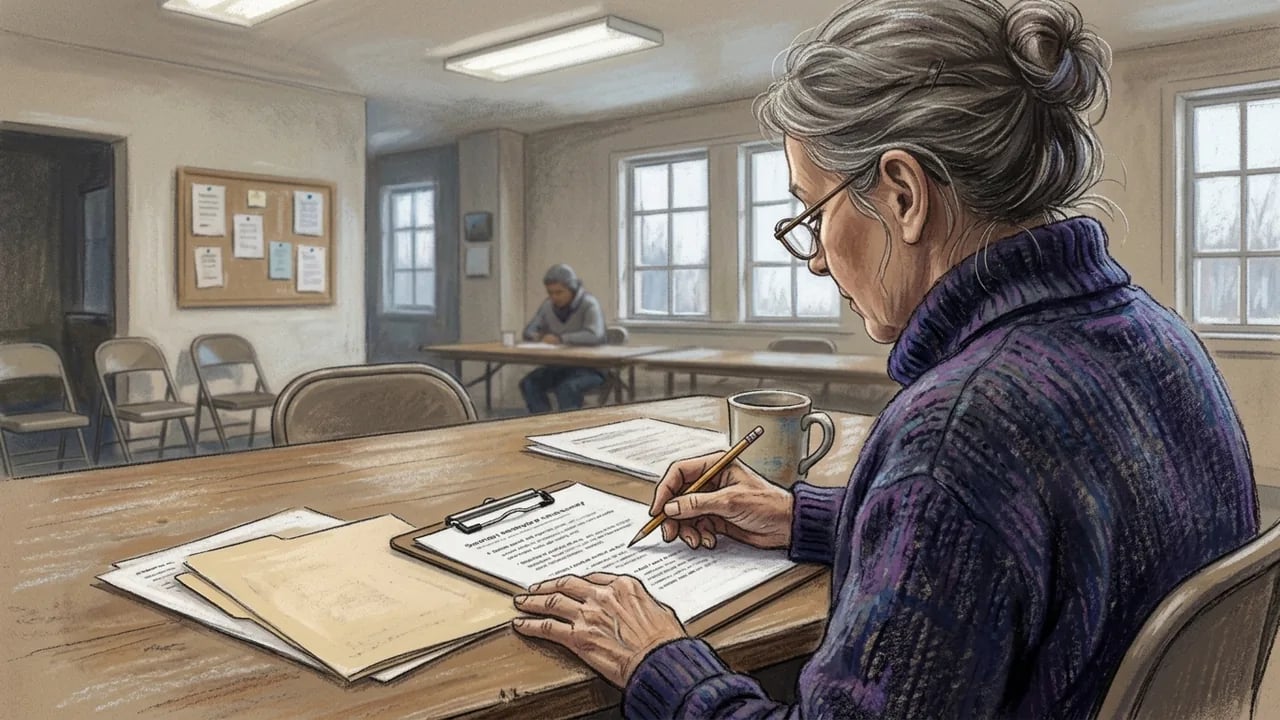 A woman with gray hair wearing glasses and a purple sweater fills out a document on a clipboard at a wooden desk in a quiet room, while another person sits at a desk in the background.