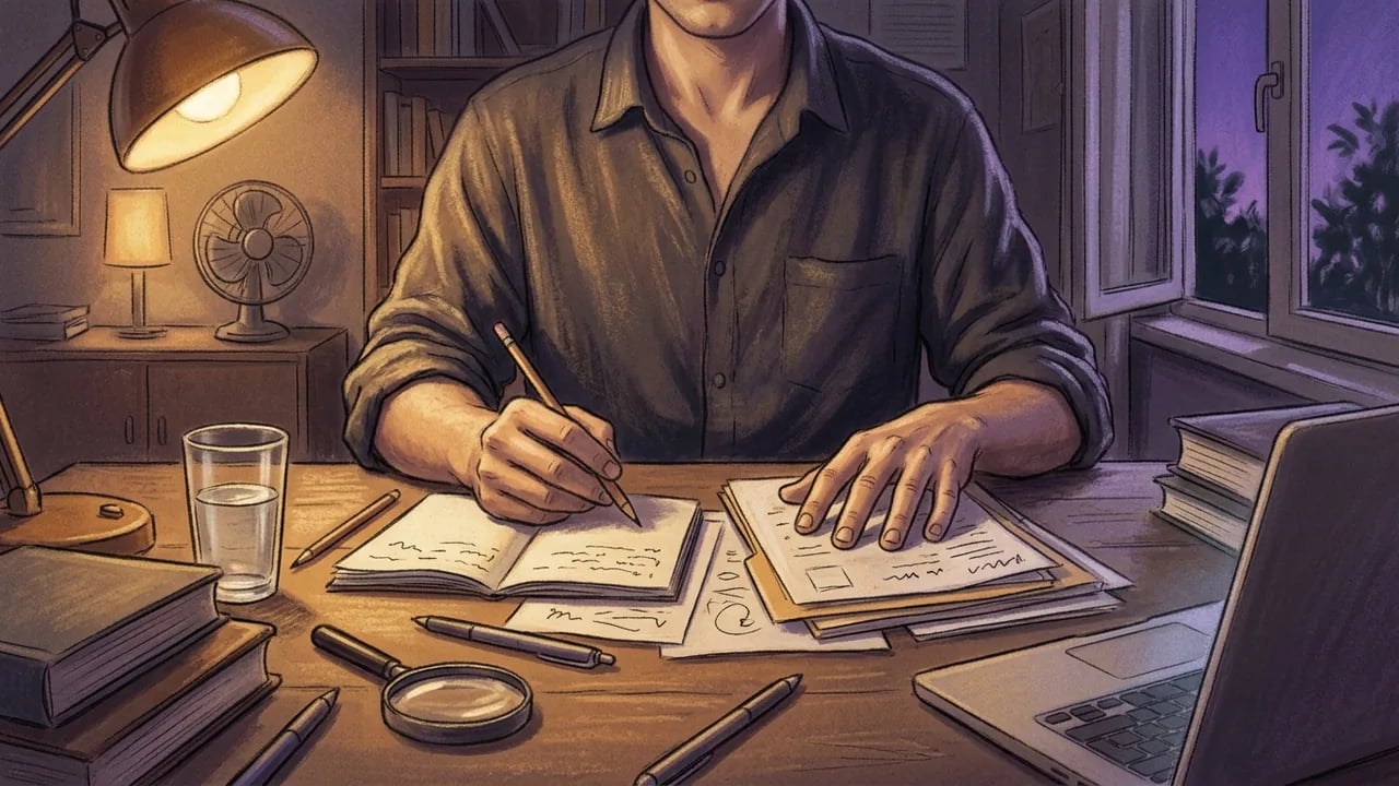 An illustration of a person working at a desk with a lamp, laptop, papers, and books in a dimly lit room.