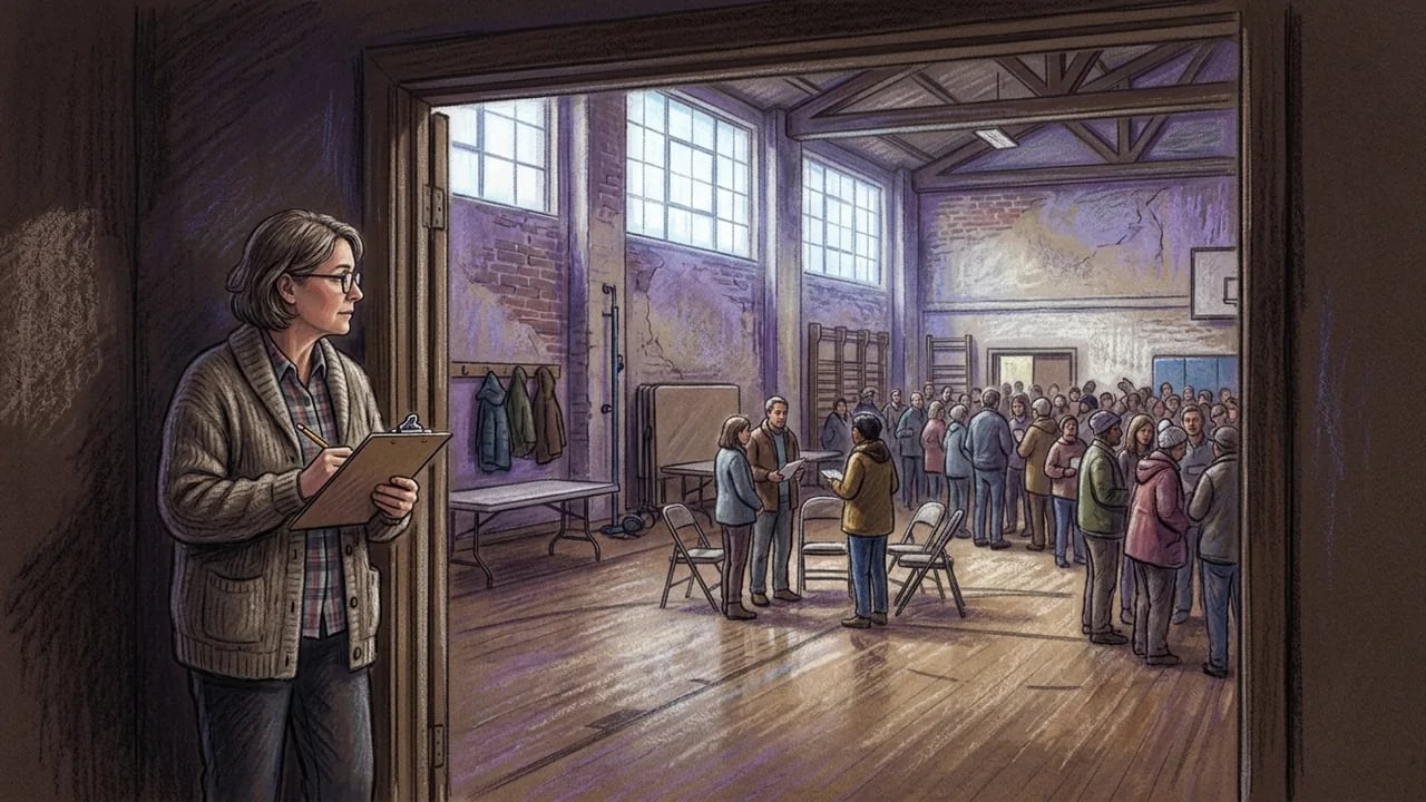 A woman stands in a doorway holding a clipboard, looking into a school gymnasium where a group of people are gathered in a meeting.
