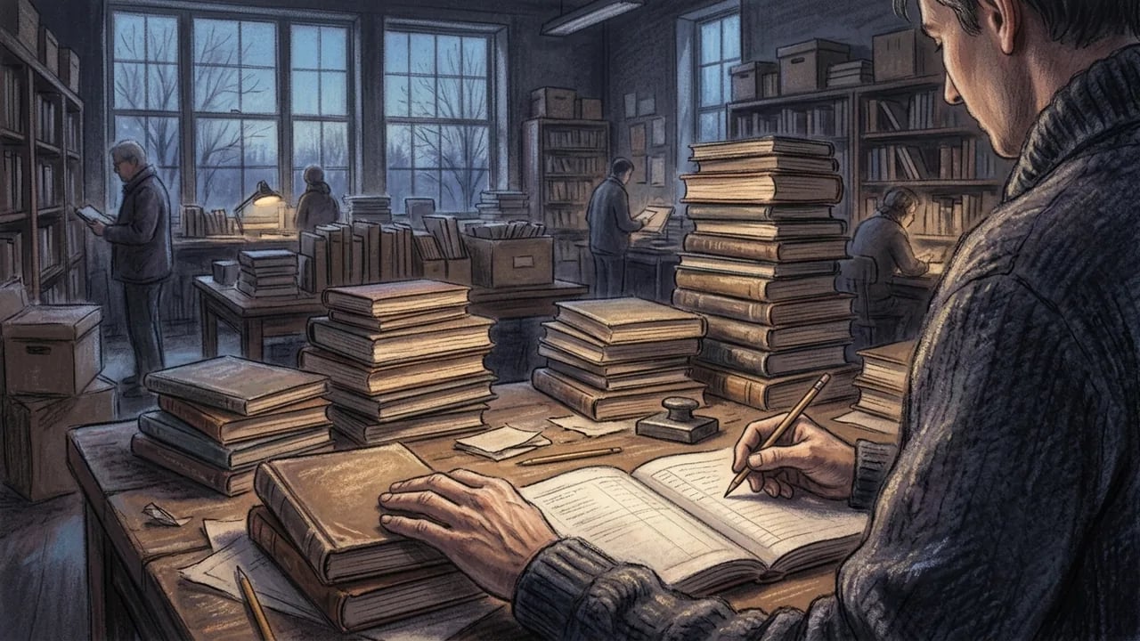 An illustration of a dimly lit library workspace where several people are working at desks amidst large stacks of old books, with a person in the foreground writing in a ledger.