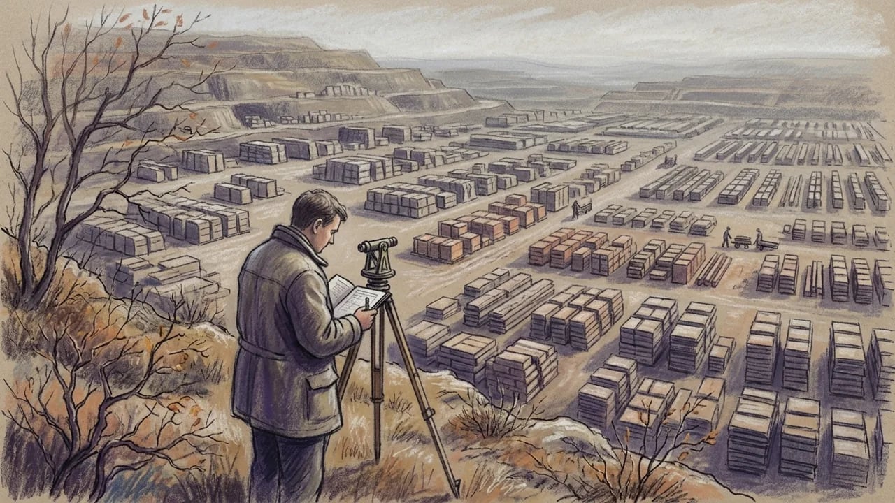 A person stands on a rocky hill overlooking a vast industrial quarry filled with organized stacks of stone blocks, while surveying the area with a transit level on a tripod and writing in a notebook.
