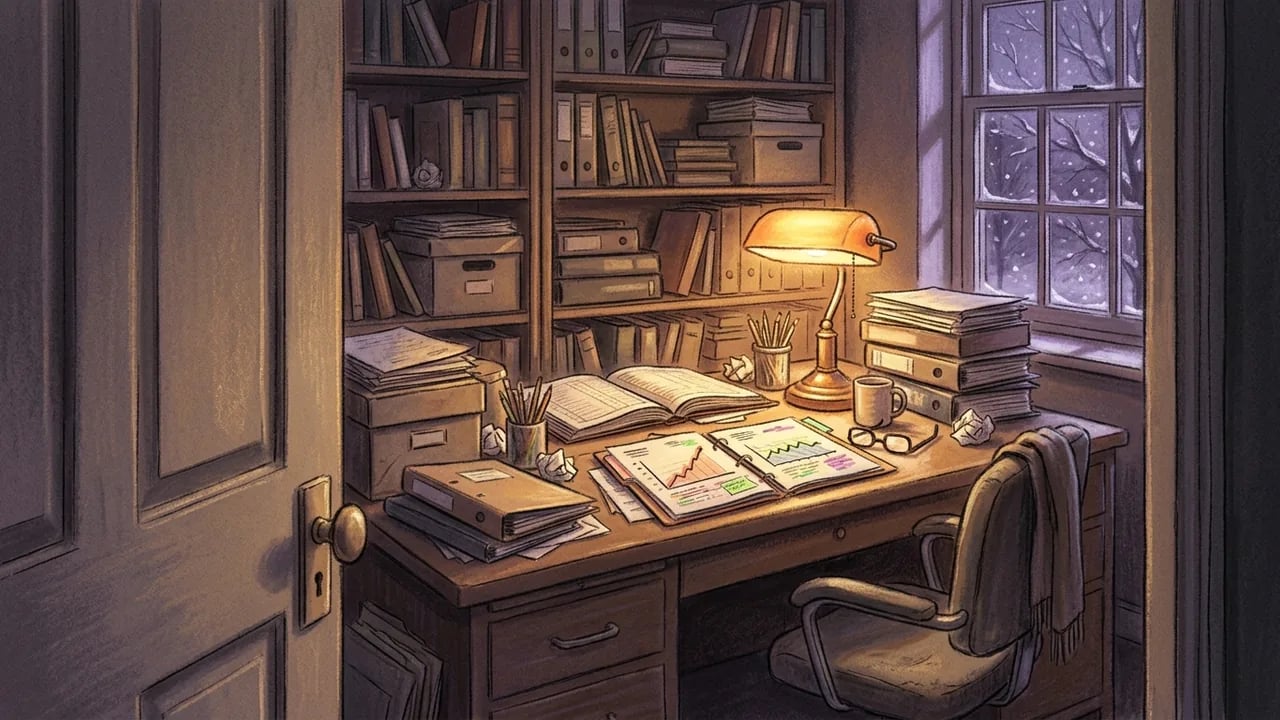 A cozy, warm-lit home office with a desk covered in papers, books, and charts, featuring a banker's lamp and shelves filled with books, viewable through an open doorway with a snowy scene visible through the window.