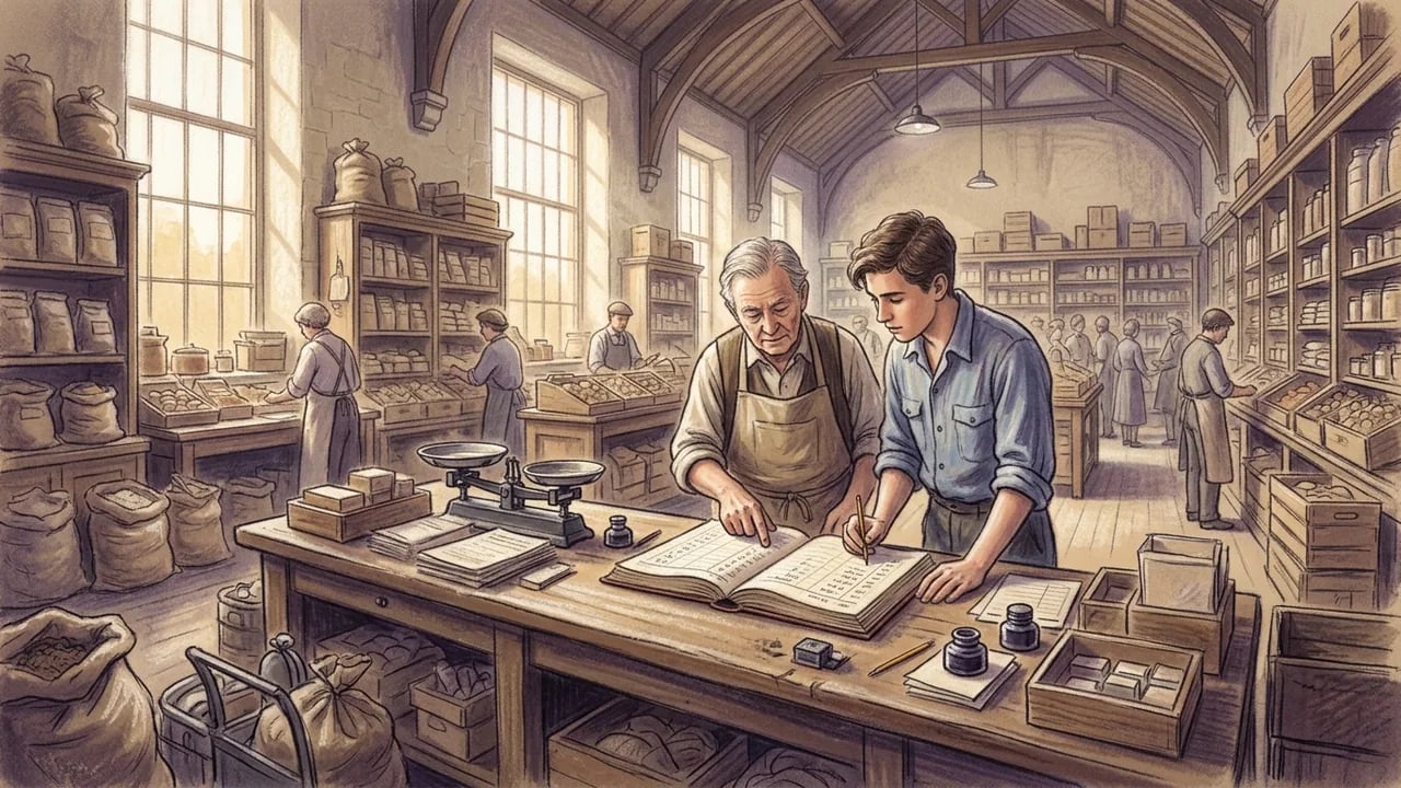 An elderly man and a young man standing at a desk in a warehouse filled with shelves of goods, reviewing a large ledger together while other workers perform tasks in the background.