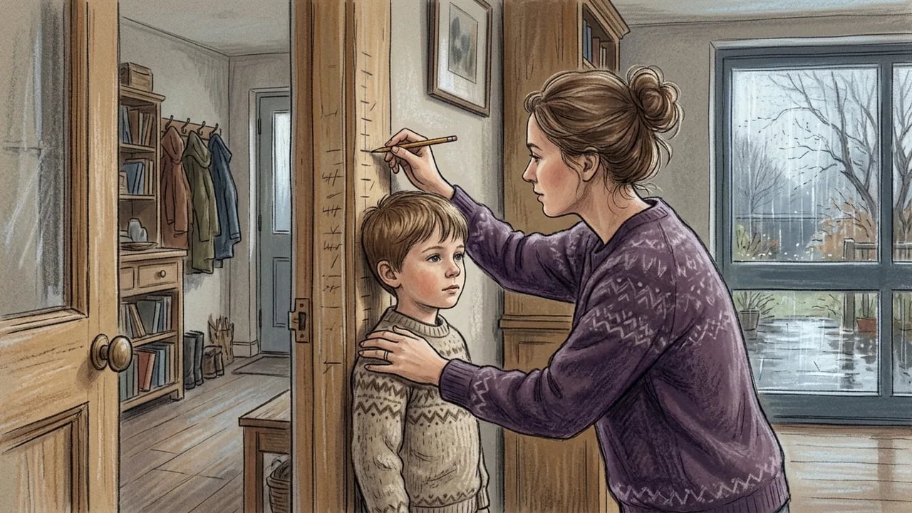 A woman marks a young boy's height on a wooden door frame in a home interior setting.