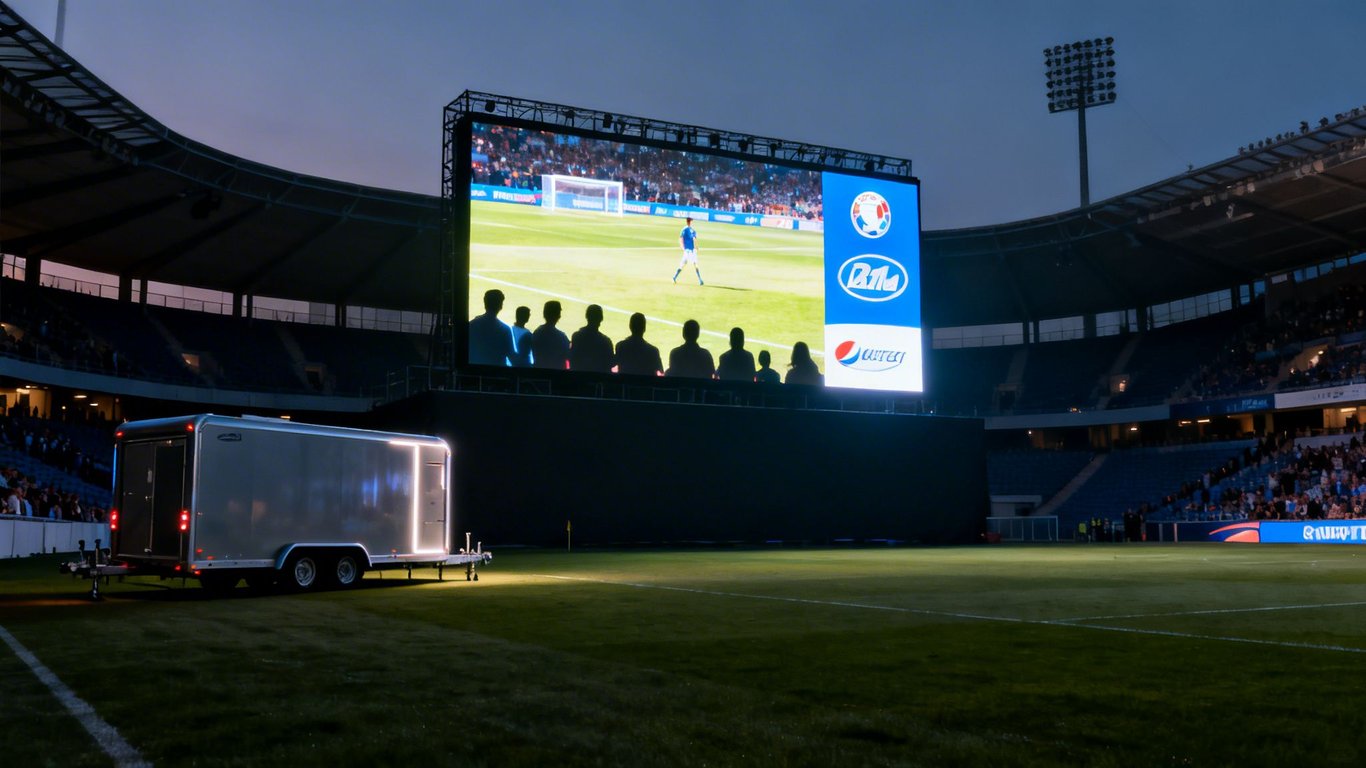 Dusk view of a large stadium LED screen displaying a soccer game with spectators and a trailer.