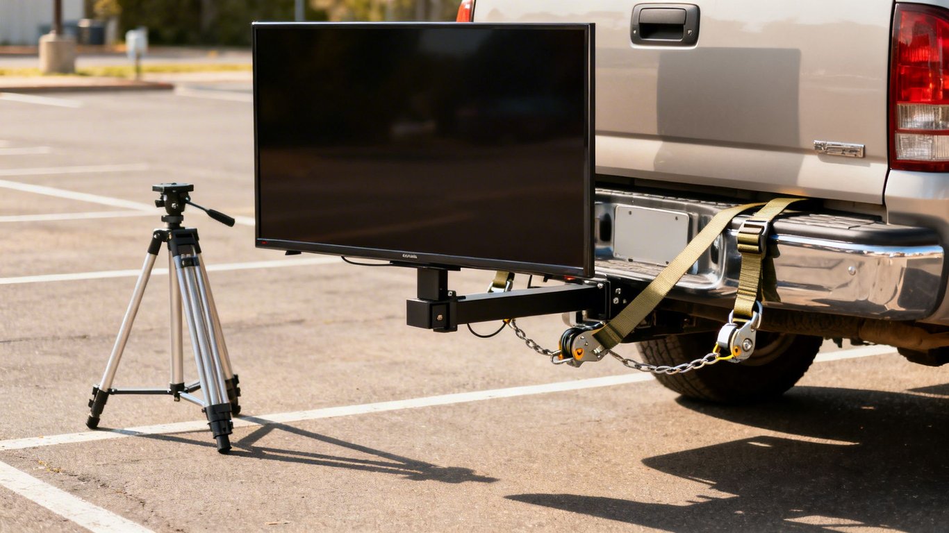 A black TV is mounted to the tailgate of a silver pickup truck with straps and chains.