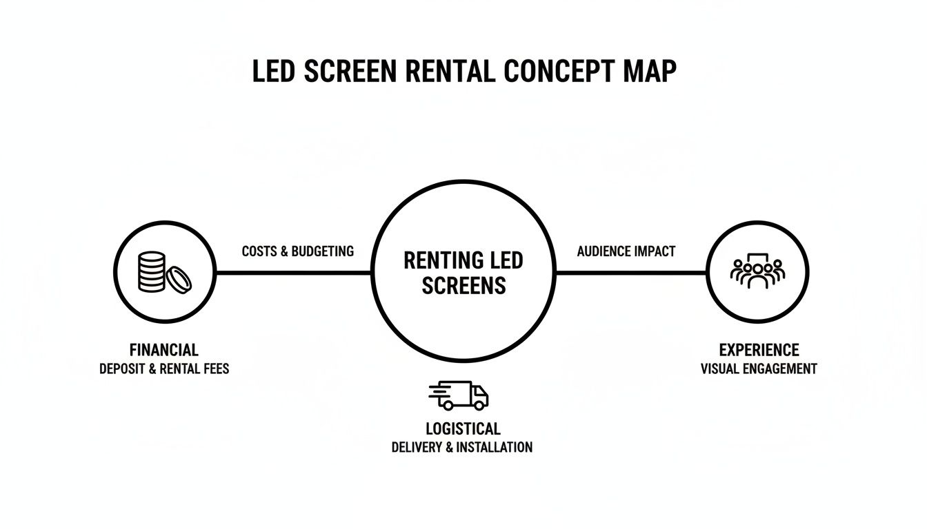 LED screen rental concept map outlining financial, logistical, and experience considerations for event planning.