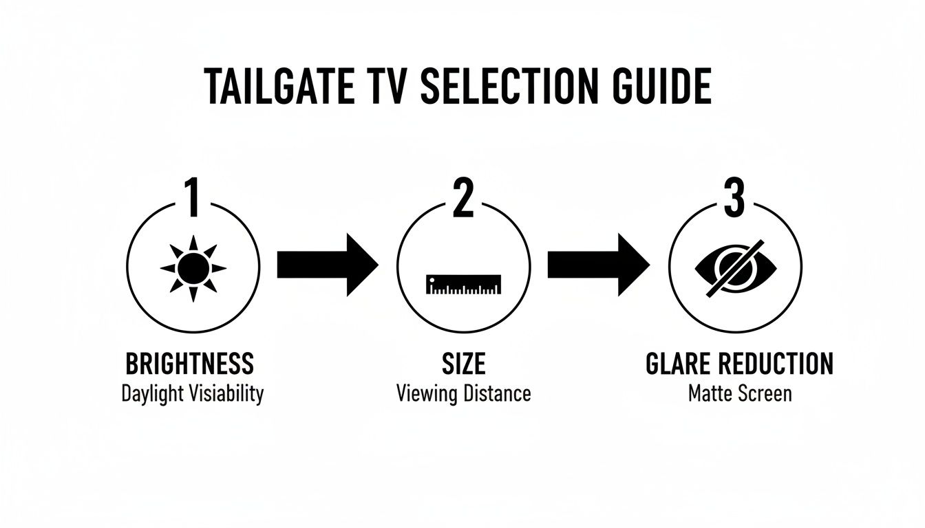 A tailgate TV selection guide outlining three key factors: brightness, size, and glare reduction.