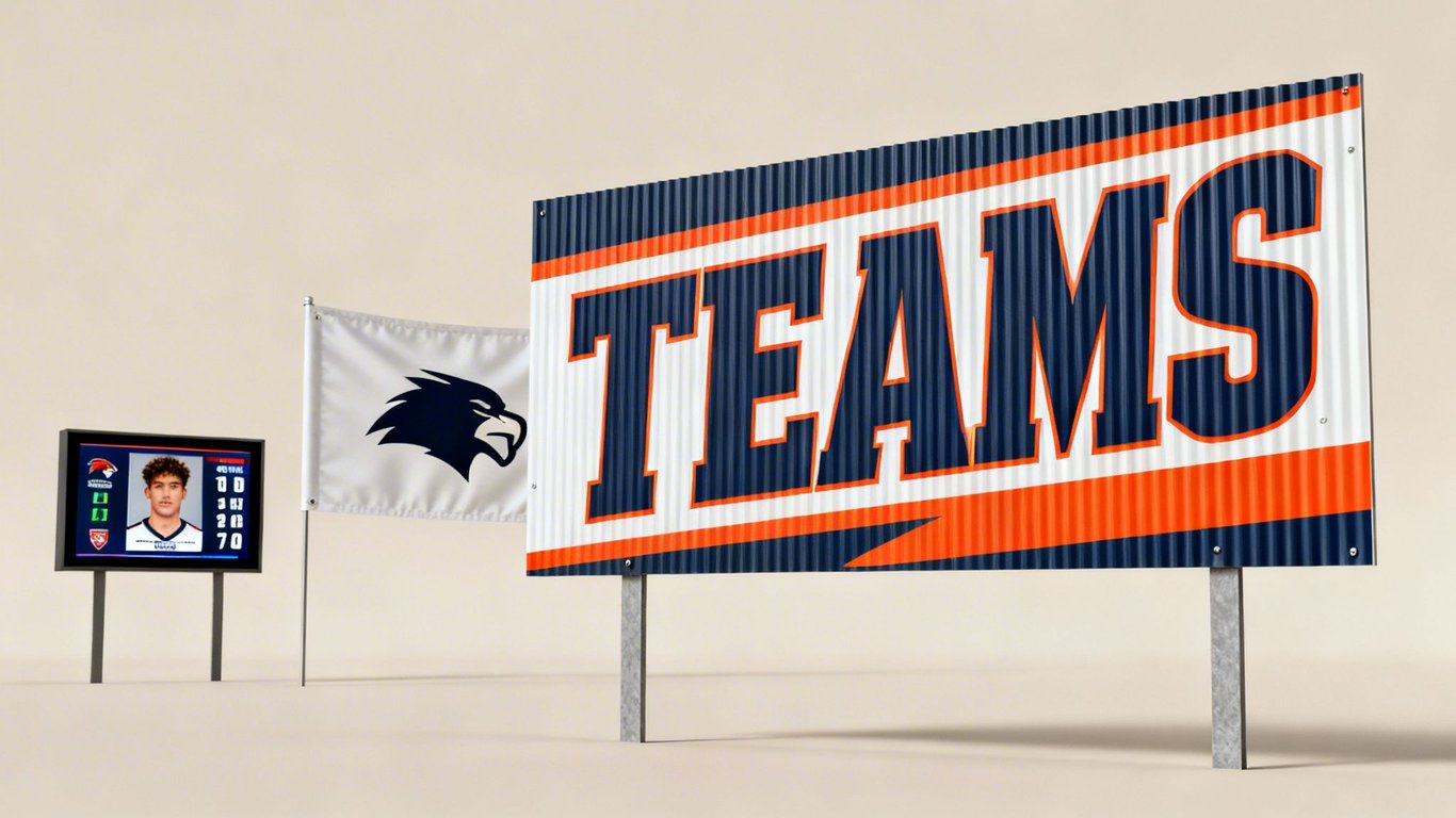 Sports display featuring player stats, a flag with an eagle logo, and a large 'TEAMS' sign.