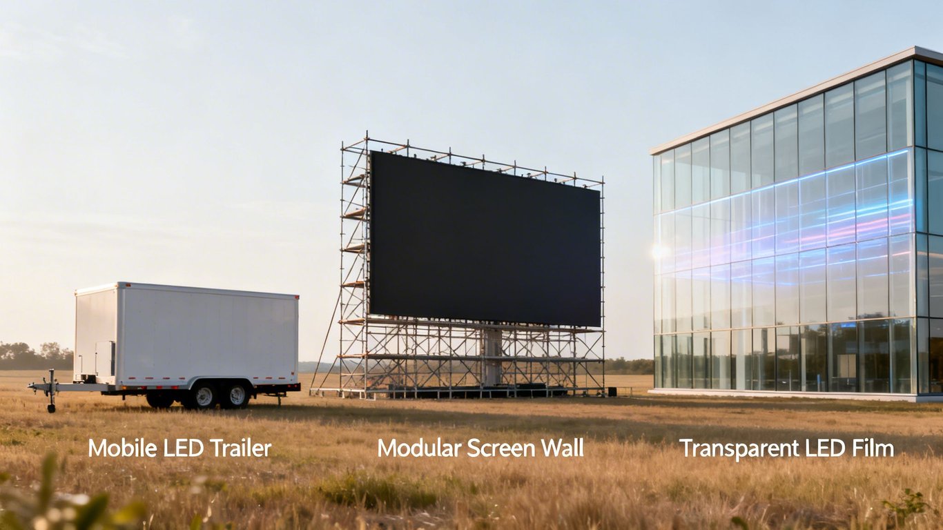 Three different outdoor LED screen types: a mobile trailer, a modular screen wall, and transparent film on a building.