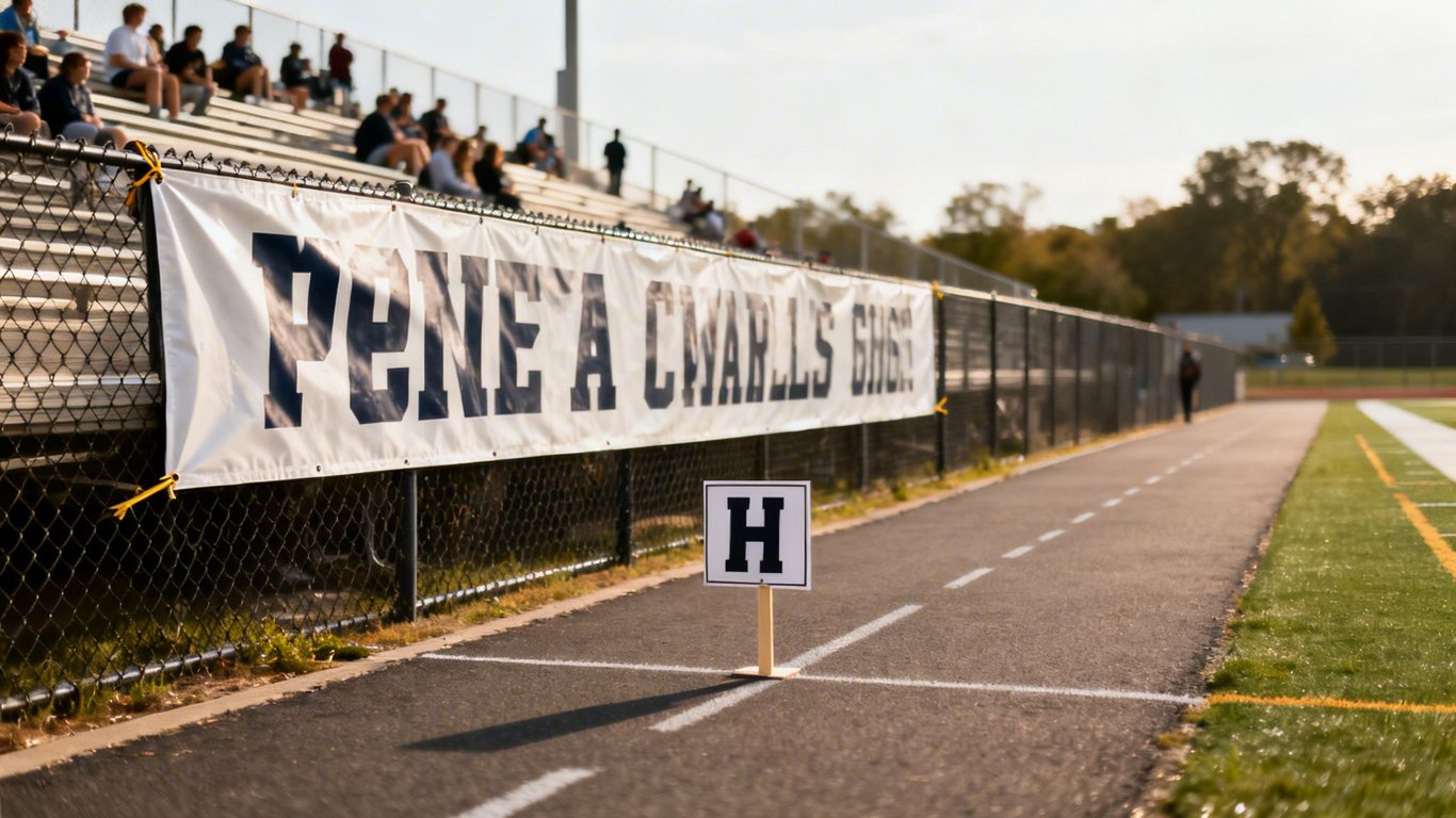 Banner and 'H' sign on a track next to bleachers at a sports field.