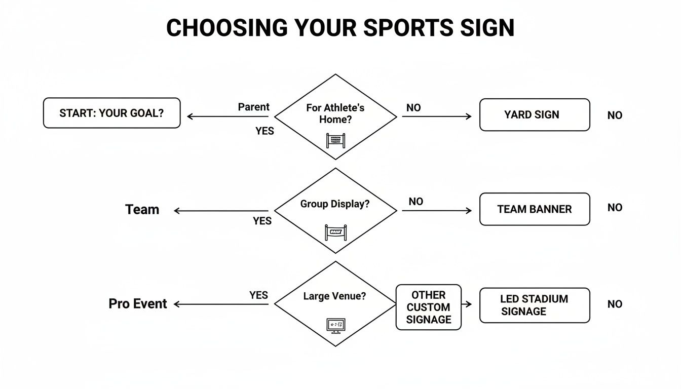 A flowchart titled 'Choosing Your Sports Sign' guiding users to select the appropriate signage.