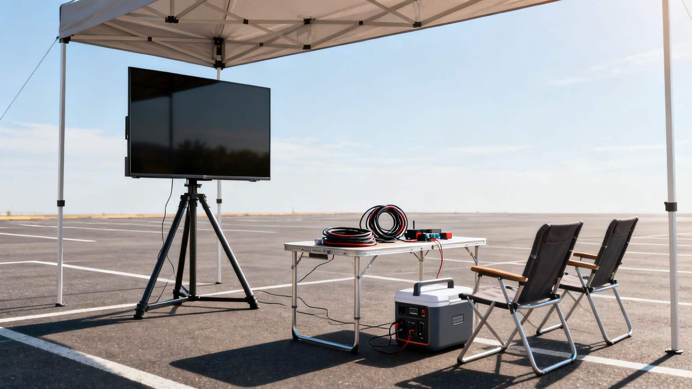 A portable outdoor entertainment setup with a large TV, power station, and seating under a canopy.