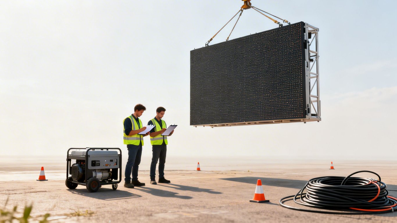 Two workers in safety vests supervise the installation of a large outdoor LED screen using a crane.