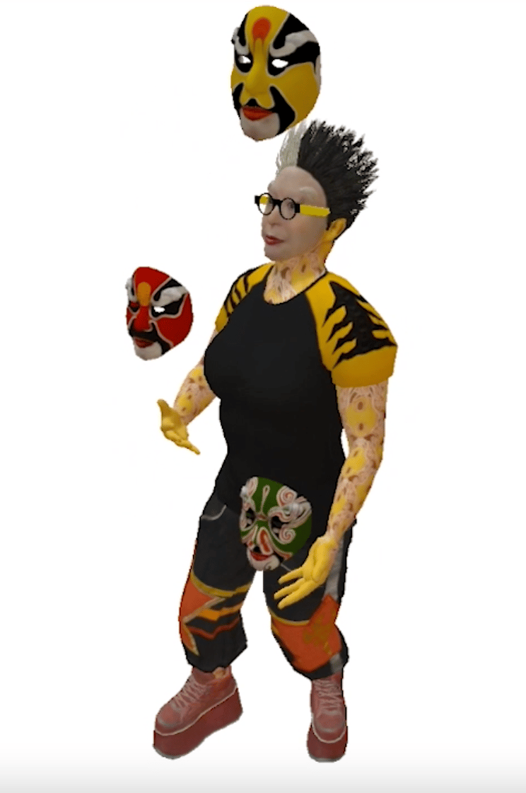 ORLAN’s avatar juggling with the masks of the Beijing opera by ORLAN