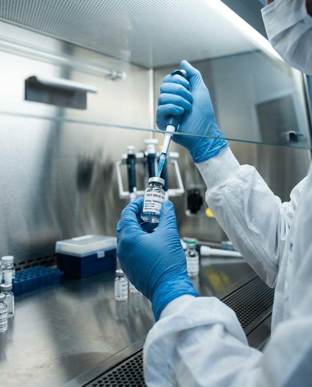 Scientist handling pharmaceutical vial in sterile conditions