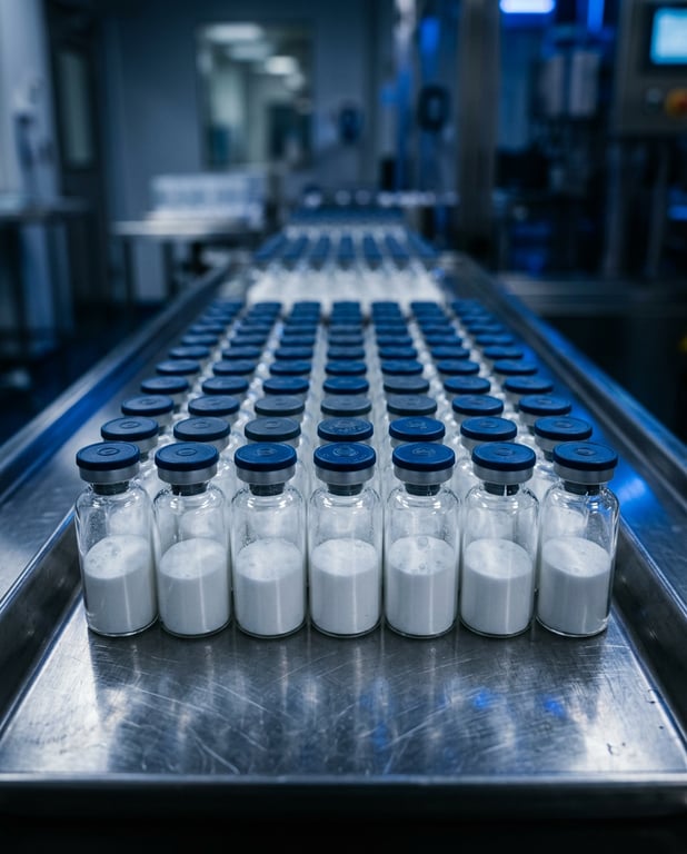 Grid of pure lyophilized pharmaceutical vials in German laboratory