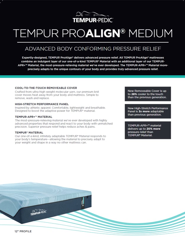 TEMPUR-PEDIC Tempur-PROAlign 2.0 Medium Memory Foam Mattress Spec card