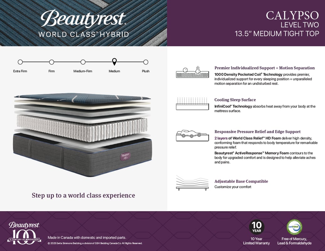 BEAUTYREST World Class 13.5 Hybrid Medium-Firm Mattress - Calypso -Spec