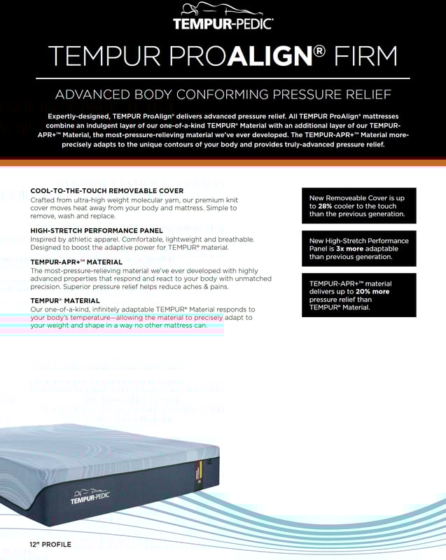 TEMPUR-PEDIC Tempur-PROAlign 2.0 Firm Memory Foam Mattress Spec card
