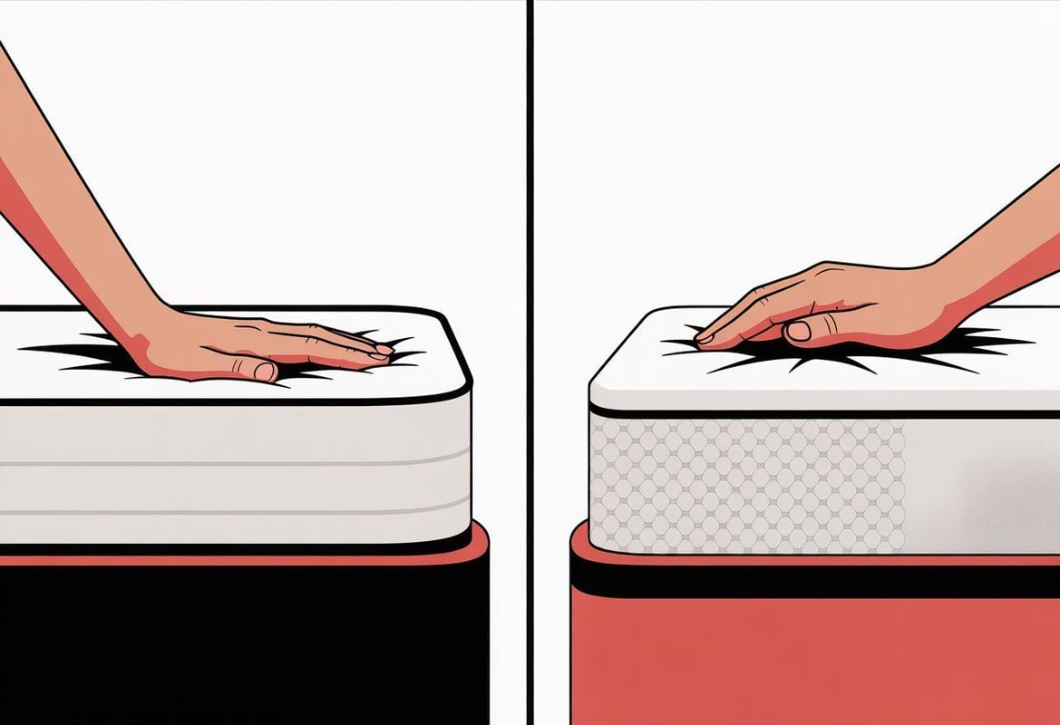 hand touching a latex mattress and another hand touching a memory foam mattress