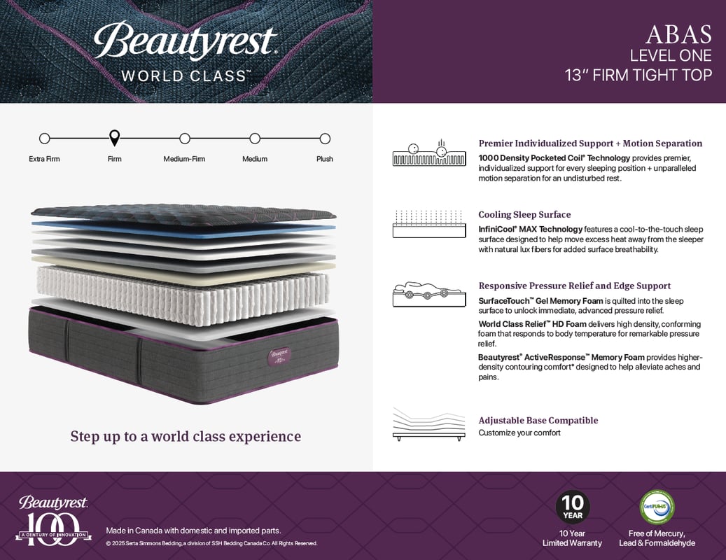 BEAUTYREST World Class 13 Tight Top Firm Mattress - Abas -Spec