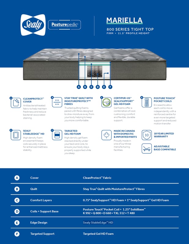 SEALY Posturepedic 800 Series Mariella Tight Top Extra Firm Mattress Spec
