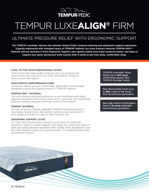 TEMPUR-PEDIC Tempur-LUXEAlign 2.0 Firm Memory Foam Mattress Spec card