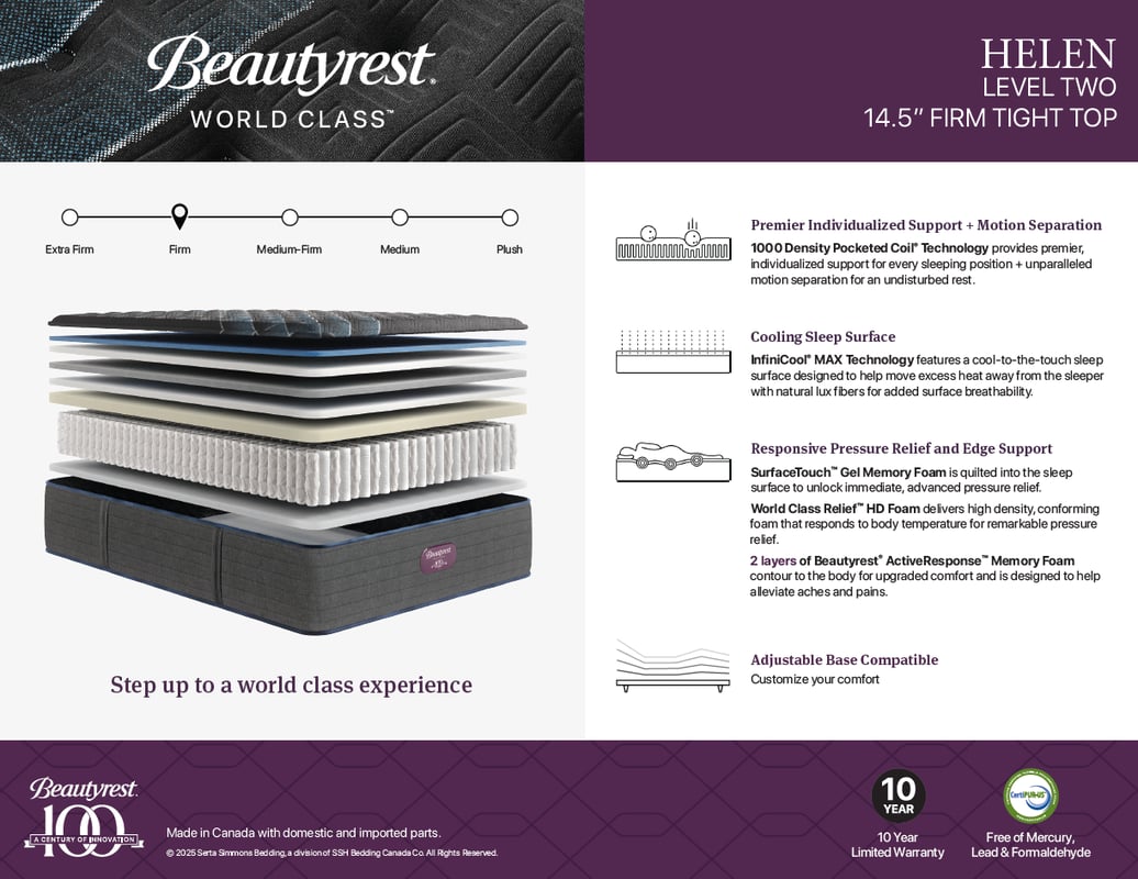 BEAUTYREST World Class 14 Tight Top Firm Mattress - Helen -Spec