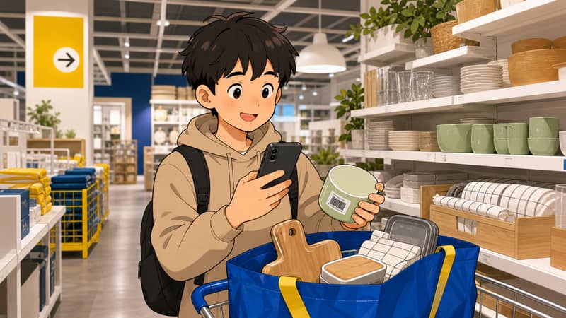 アプリで商品をスキャンしながら買い物する流れ